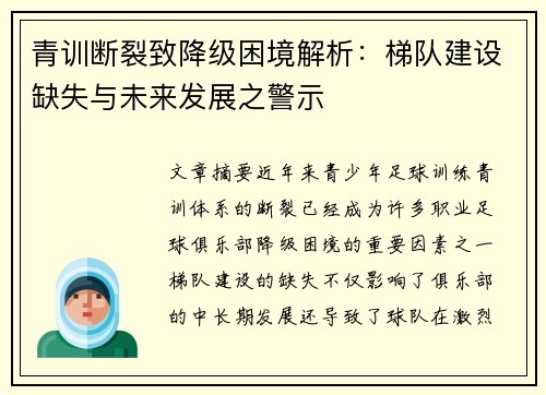青训断裂致降级困境解析：梯队建设缺失与未来发展之警示