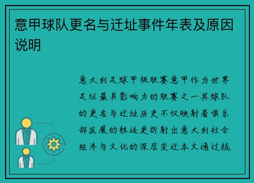 意甲球队更名与迁址事件年表及原因说明