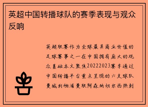 英超中国转播球队的赛季表现与观众反响