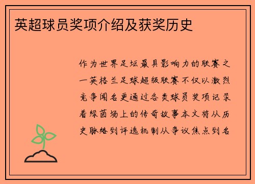 英超球员奖项介绍及获奖历史